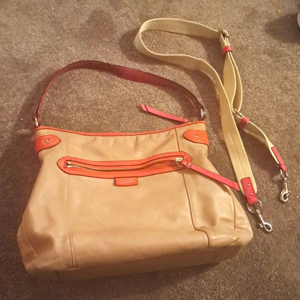 Authentic Coach leather large purse tan leather with pink and red accents!